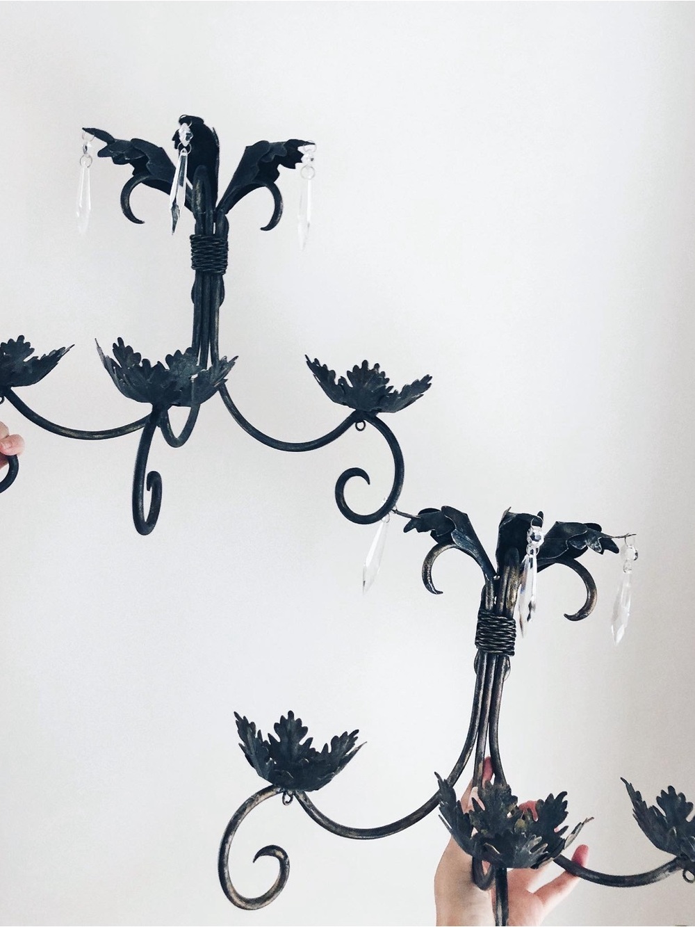 Unknown Brand Black Metal Wall Sconces with Crystal Drops